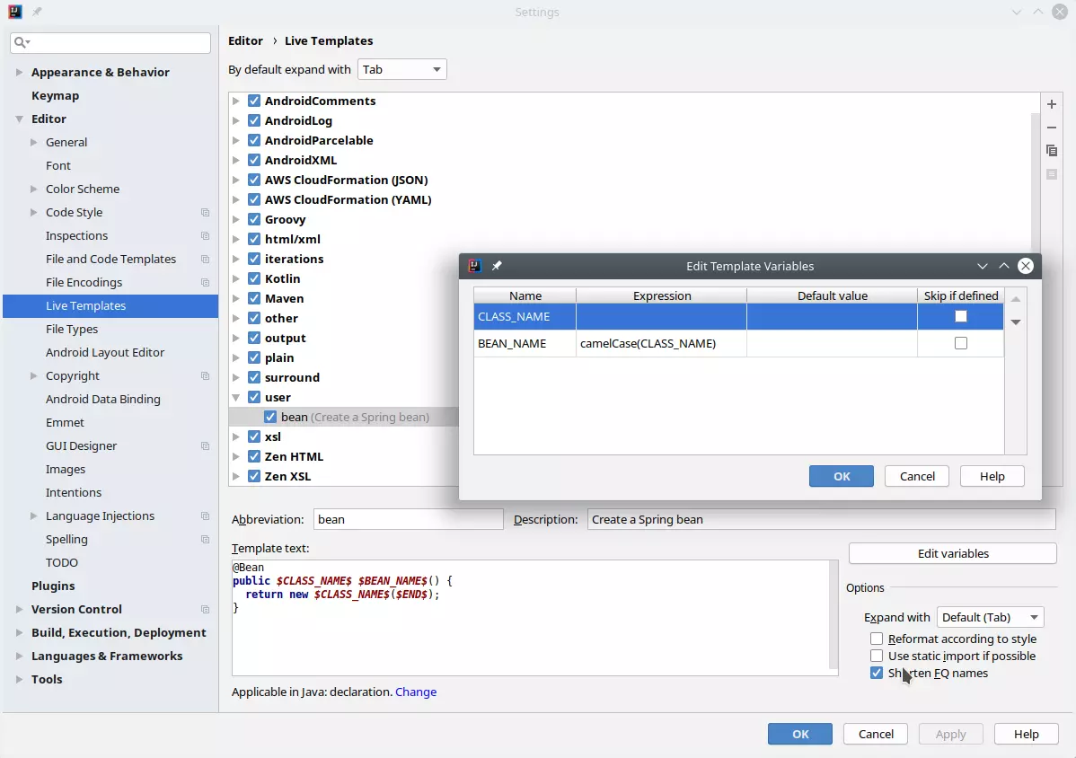 live template config screenshot